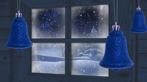 Animation Winter Scenery Seen Window Snowflakes Falling Night Countryside Three — Stock Video