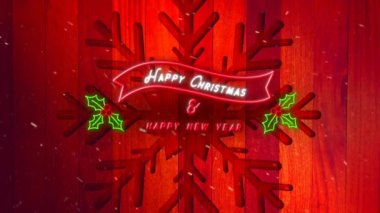 Neon tabelanın animasyonu Mutlu Noeller ve kırmızı beyaz ve kutsal yapraklarla yazılmış mutlu bir yeni yıl ve arka planda kırmızı ahşap tahtalarda kar tanesi Noel süslemesi