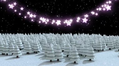 Kış manzarası animasyonu. Parlayan Noel ışıkları dizisi. Ağaçlar ve arka planda kar yağıyor.