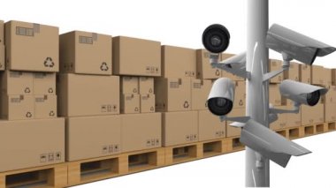 Üst üste dizilmiş kutuların ve beyaz arkaplanda hareket eden CCTV kameralarının canlandırması
