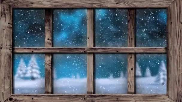 Animation Der Winterlandschaft Durch Fenster Mit Schneeflocken Und Tannenbäumen — Stockvideo