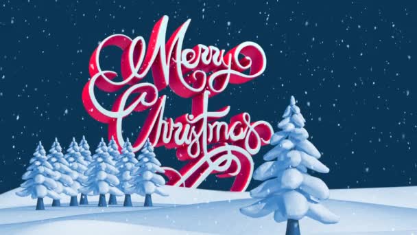 用红白相间的文字书写的圣诞快乐 蓝色背景上的降雪和冷杉 — 图库视频影像