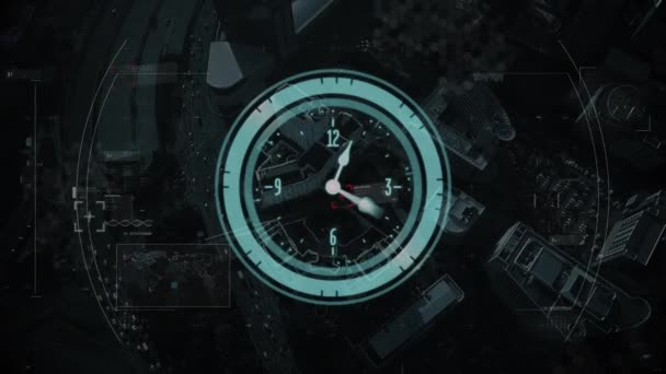 Анимация Быстро Движущихся Часов Сканированием Обработкой Данных Городскому Пейзажу Фоновом — стоковое видео