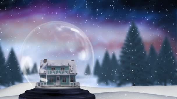 Animation Christmas Snow Globe House Snow Falling Defocussed Fir Trees — Stock Video