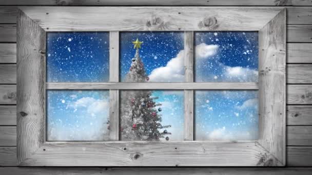 Animation Winter Scenery Seen Window Snowflakes Falling Christmas Tree — Stockvideo