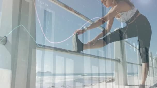 Animation du traitement des données avec une vue latérale d'une jeune femme caucasienne s'étirant pendant un entraînement en arrière-plan 