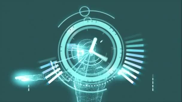 人間の体が緑色の背景に動いている時計の動きの速いスキャナ処理データのアニメーション — ストック動画