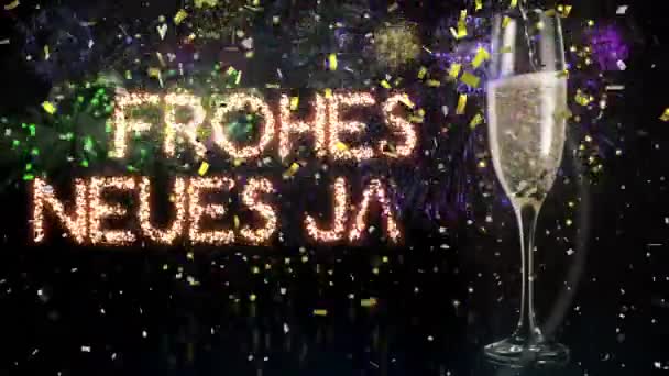 Анимация Слов Frohes Бокалом Шампанского Фейерверками Конфетти Падающими Новогоднюю Ночь — стоковое видео