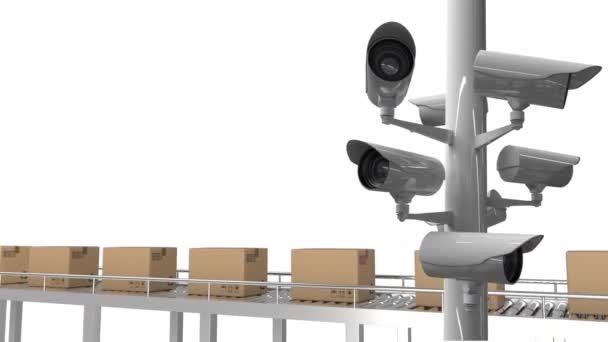 Animation Caméras Vidéosurveillance Déplaçant Autour Rangées Boîtes Carton Sur Bande — Video