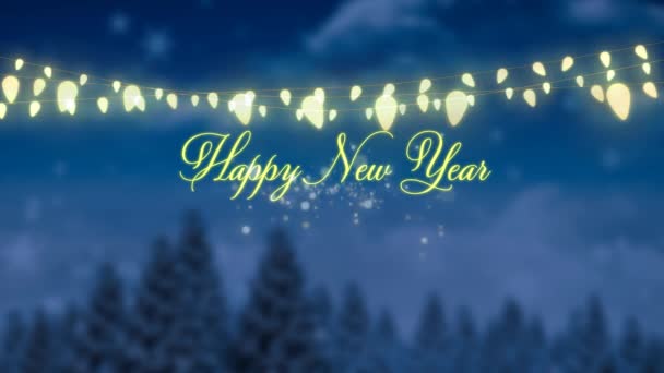 言葉のアニメーション夜に妖精の光 花火やモミの木の文字列と黄色の文字でハッピー新年 — ストック動画