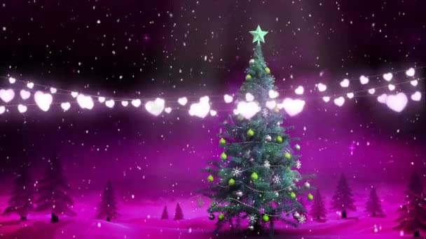 背景にはクリスマスの妖精の光 モミの木 クリスマスツリーと雪の輝く文字列と冬の風景のアニメーション — ストック動画