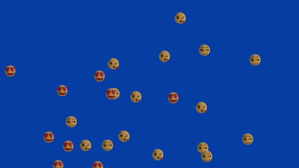 Animação Grupo Ícones Emoji Voando Sobre Fundo Azul — Vídeo de Stock