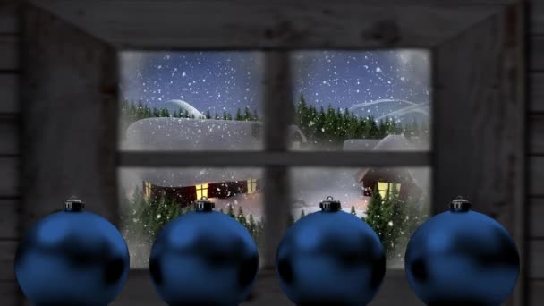Animation Winter Scenery Seen Window Snowflakes Falling Houses Fir Trees — Stockvideo