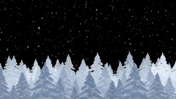 Κινούμενα Σχέδια Χιονιού Που Πέφτουν Νύχτα Έλατα Μαύρο Φόντο — Αρχείο Βίντεο