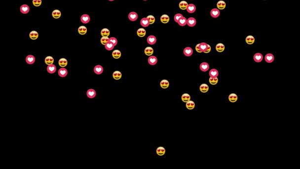 Animação Grupo Emojis Ícones Coração Caindo Sobre Fundo Preto — Vídeo de Stock