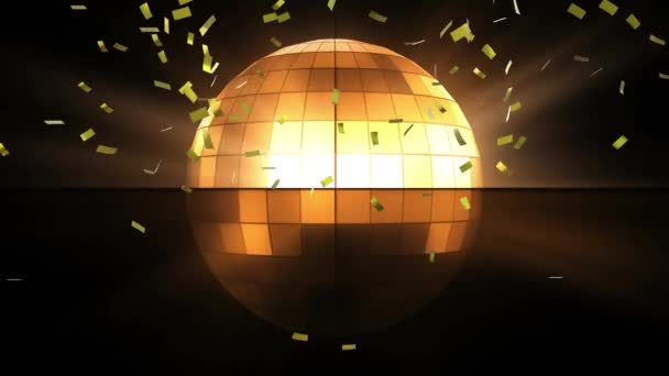 Animation Spinning Glowing Disco Ball Golden Confetti Falling Black Background — Stockvideo