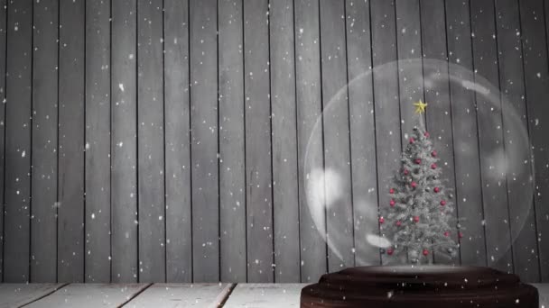 Animation Christmas Snow Globe Christmas Tree Snow Falling Wooden Boards — Stockvideo