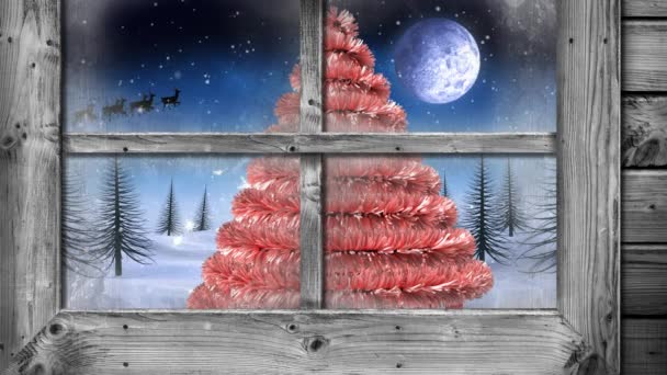 Animation Winter Scenery Seen Window Black Silhouette Santa Claus Sleigh — Stockvideo