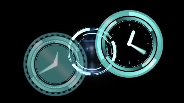 Animation de deux horloges se déplaçant rapidement et la portée de numérisation et de traitement des données sur fond noir 