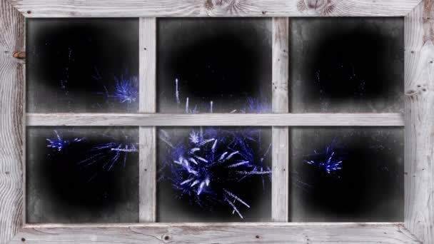 Animatie Van Vuurwerk Vertoning Gezien Door Raam Nachts Oudejaarsavond — Stockvideo