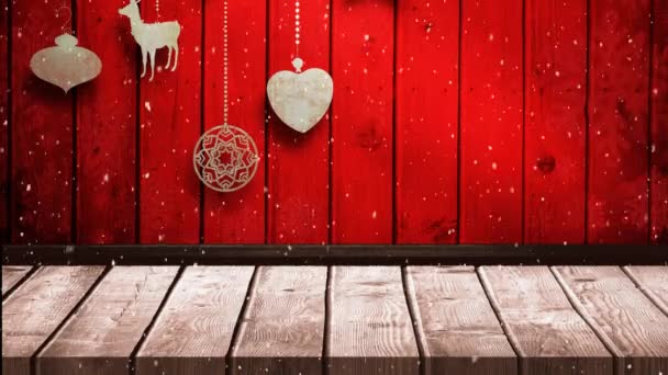 Animation Winter Scenery Snowflakes Falling Christmas Decorations Red Wooden Boards — Stock Video