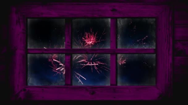 夜间透过窗户观看烟火表演的动画 — 图库视频影像