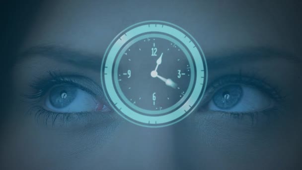 Animation Clock Moving Fast Eyes Woman Background — ストック動画