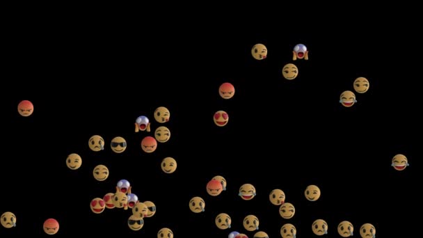 Κινούμενο Σχέδιο Ομάδας Εικονιδίων Emoji Που Πετούν Πάνω Μαύρο Φόντο — Αρχείο Βίντεο