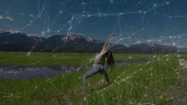 Animation Network Connections Rear View Woman Stretching Countryside Background — Stockvideo