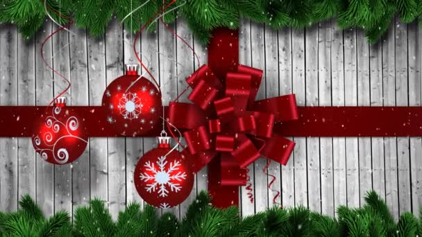 Animatie Van Sneeuwvlokken Vallen Rood Lint Kerstballen Kerst Decoraties Houten — Stockvideo