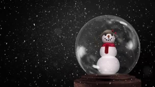 Анимация Рождественского Снежного Шара Снеговиком Внутри Снегопадом Черном Фоне — стоковое видео