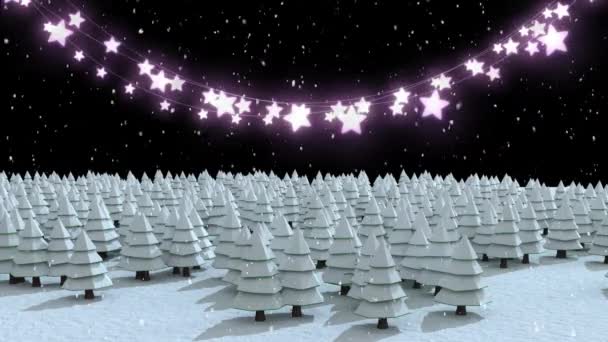 用一串串闪烁着彩霞的圣诞彩灯 在背景中飘落树木和雪花的冬景动画 — 图库视频影像