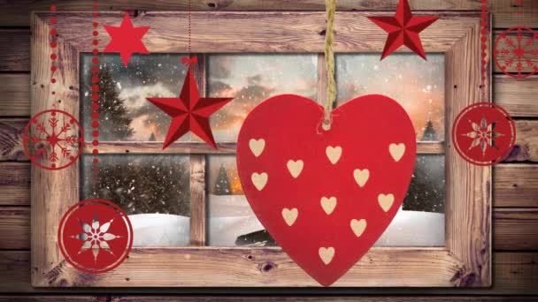 透过窗户看到的冬季风景的动画 雪花飘落 挂着圣诞装饰品 — 图库视频影像