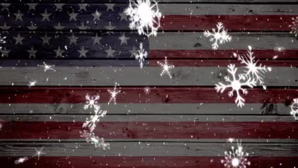 Animation Snow Falling Winter American Flag Background — Stock Video