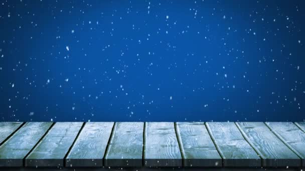 Animación Copos Nieve Cayendo Tablas Madera Sobre Fondo Azul — Vídeo de stock