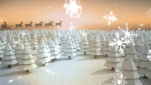 雪に覆われたサンタクロースの黒いシルエットの冬の風景のアニメーションは オレンジの背景にトナカイやモミの木によって引かれています — ストック動画