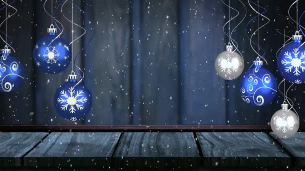 Animation Winter Snowflakes Falling Silver Blue Christmas Baubles Blue Wooden — Stock Video