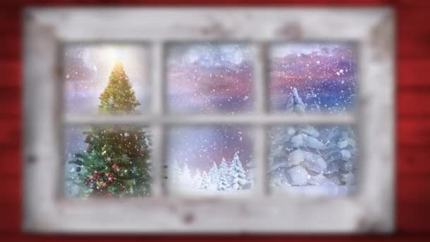 Animation Winter Scenery Seen Window Snowflakes Falling Christmas Tree — Stockvideo