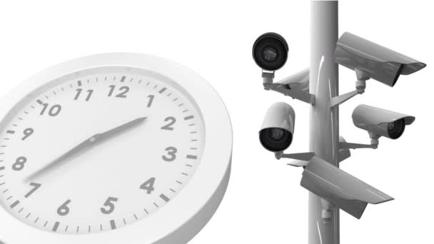 在白色背景下快速移动的时钟和Cctv摄像机的动画 — 图库视频影像