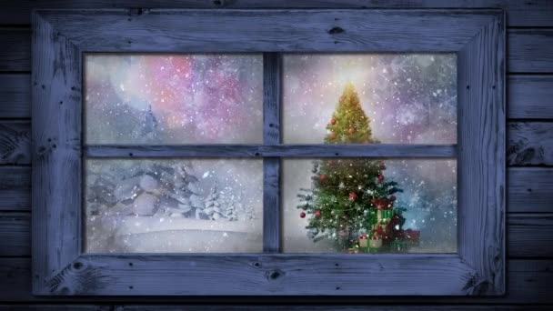透过窗户看到的冬季美景的动画 雪花飘落 圣诞树飘扬 — 图库视频影像