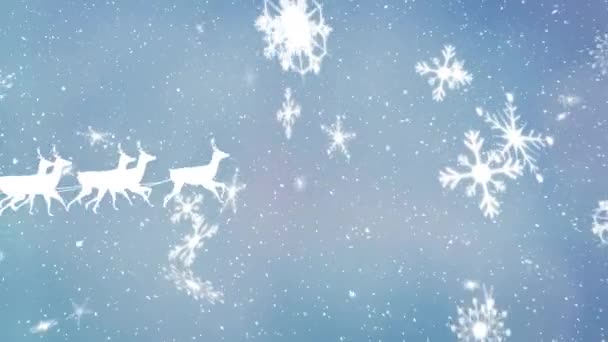 Анимация Белого Силуэта Санта Клауса Санях Тянущихся Северными Оленями Слева — стоковое видео