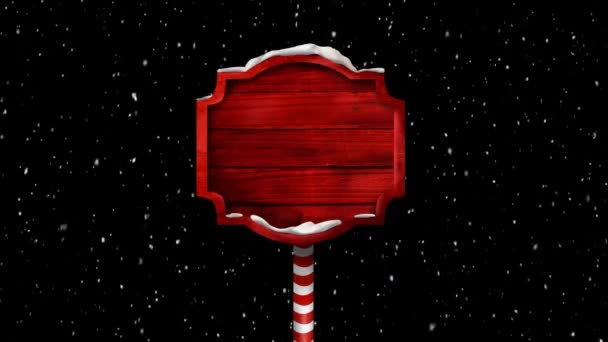 Animatie Van Rode Kerst Houten Bord Met Sneeuw Vallen Zwarte — Stockvideo