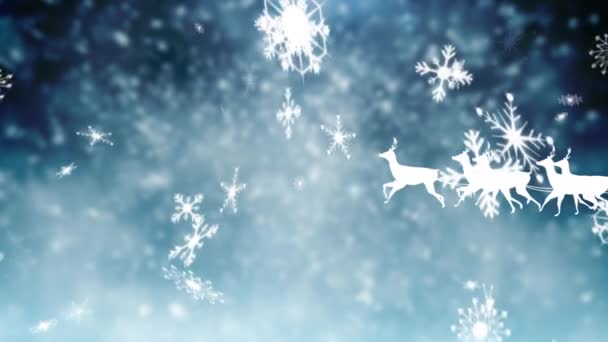 Анимация Белого Силуэта Санта Клауса Санях Тянущихся Северными Оленями Справа — стоковое видео