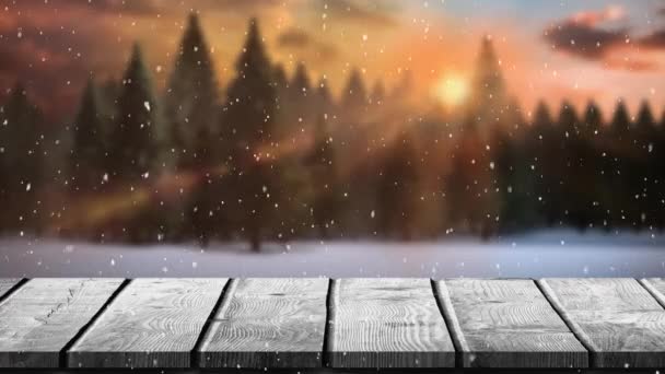 Animace Zimní Scenérie Padajícími Sněhovými Vločkami Jedlemi Dřevěnými Deskami Pozadí — Stock video