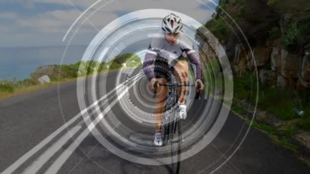 Animation Data Processing Caucasian Woman Cyclist Riding Bike Uphill Countryside — стокове відео
