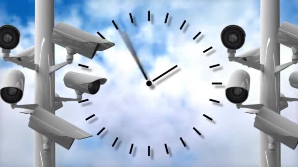 快速移动的时钟和Cctv相机在蓝天的背景下四处移动的动画 — 图库视频影像
