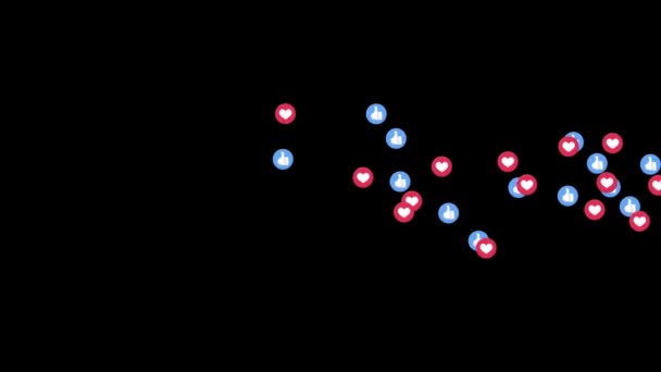 Анимация Группы Больших Пальцев Вверх Значков Смайликов Сердца Летящих Справа — стоковое видео