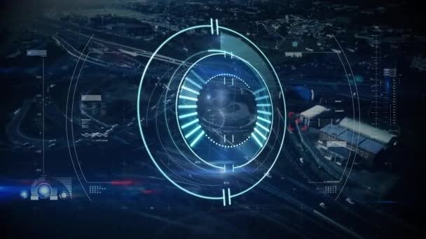 Animation du balayage de la portée avec des bandes vertes mobiles et des cercles tournants avec paysage urbain en arrière-plan 