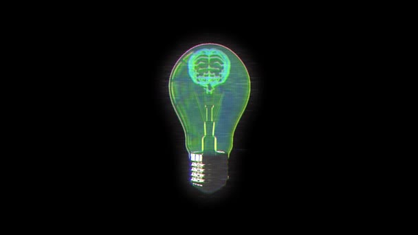 Анимация Зеленой Перчаточной Лампочки Человеческим Мозгом Внутри Летящей Чёрном Фоне — стоковое видео