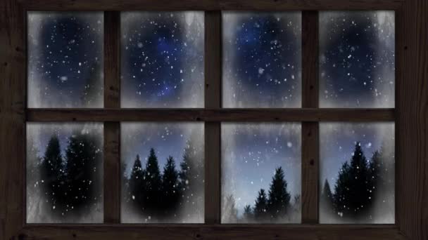 Animation Der Winterlandschaft Durch Fenster Gesehen Mit Schneeflocken Fallen Und — Stockvideo